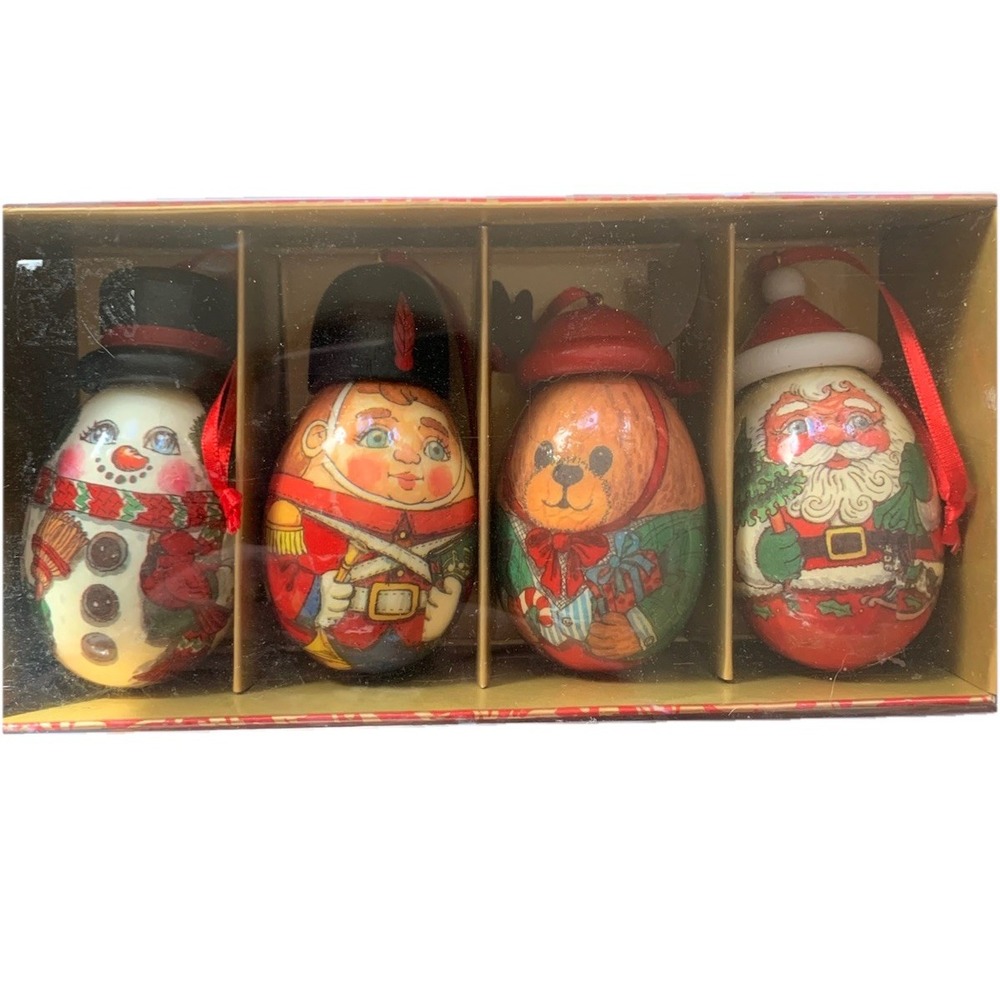 4 Vtg Decoupage Christmas Ornaments Santa, Snowman, Nutcracker, Reindeer